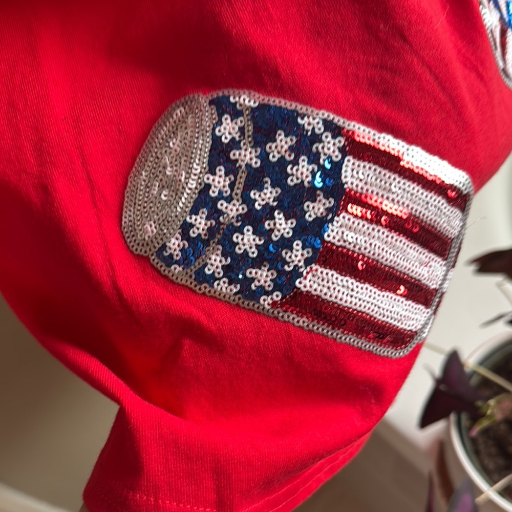 Red T-Shirt Dress with sequin American Flag Beer Can Print - Picture 3 of 4